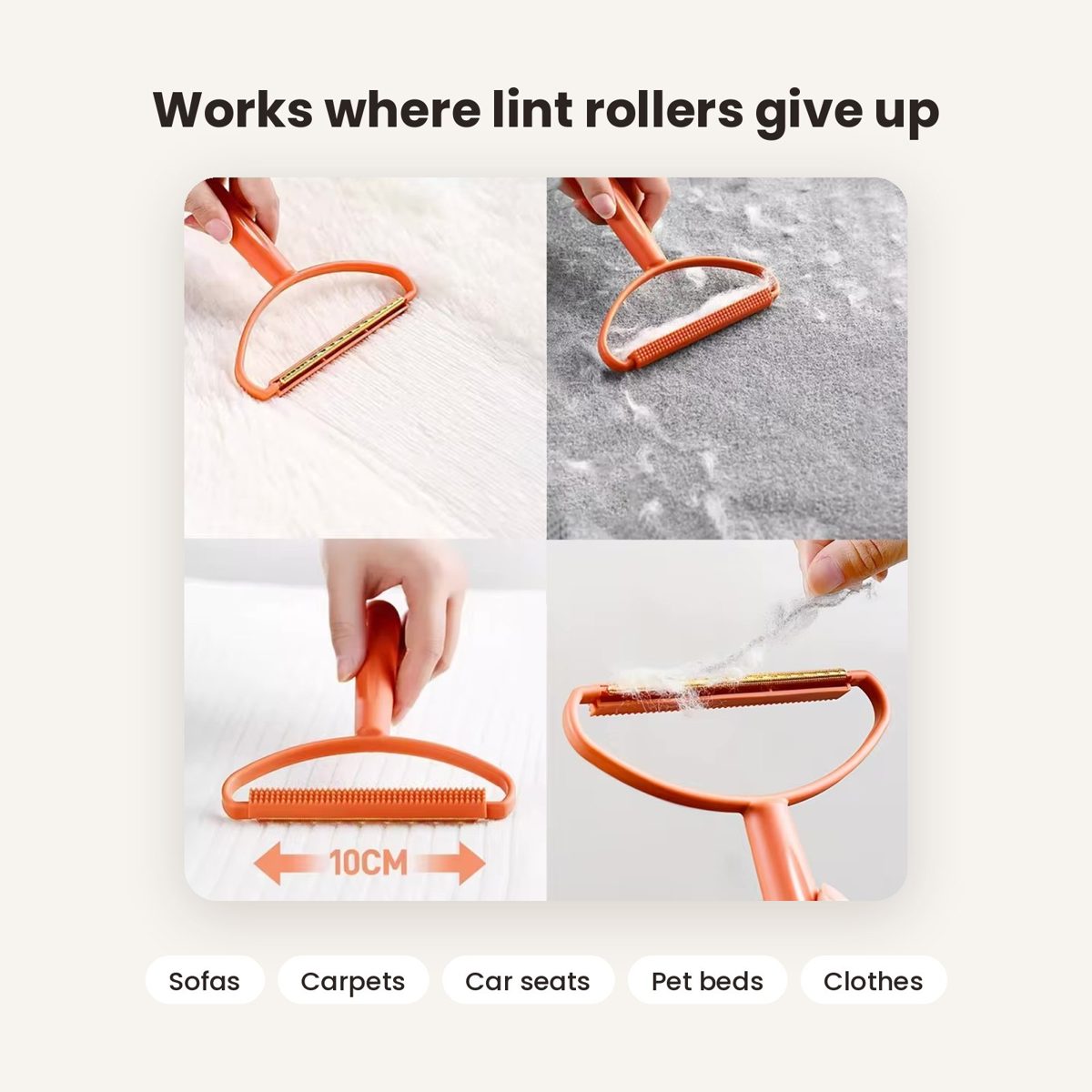 Fur Remover works on sofas, carpets, car seats, pet beds and clothes