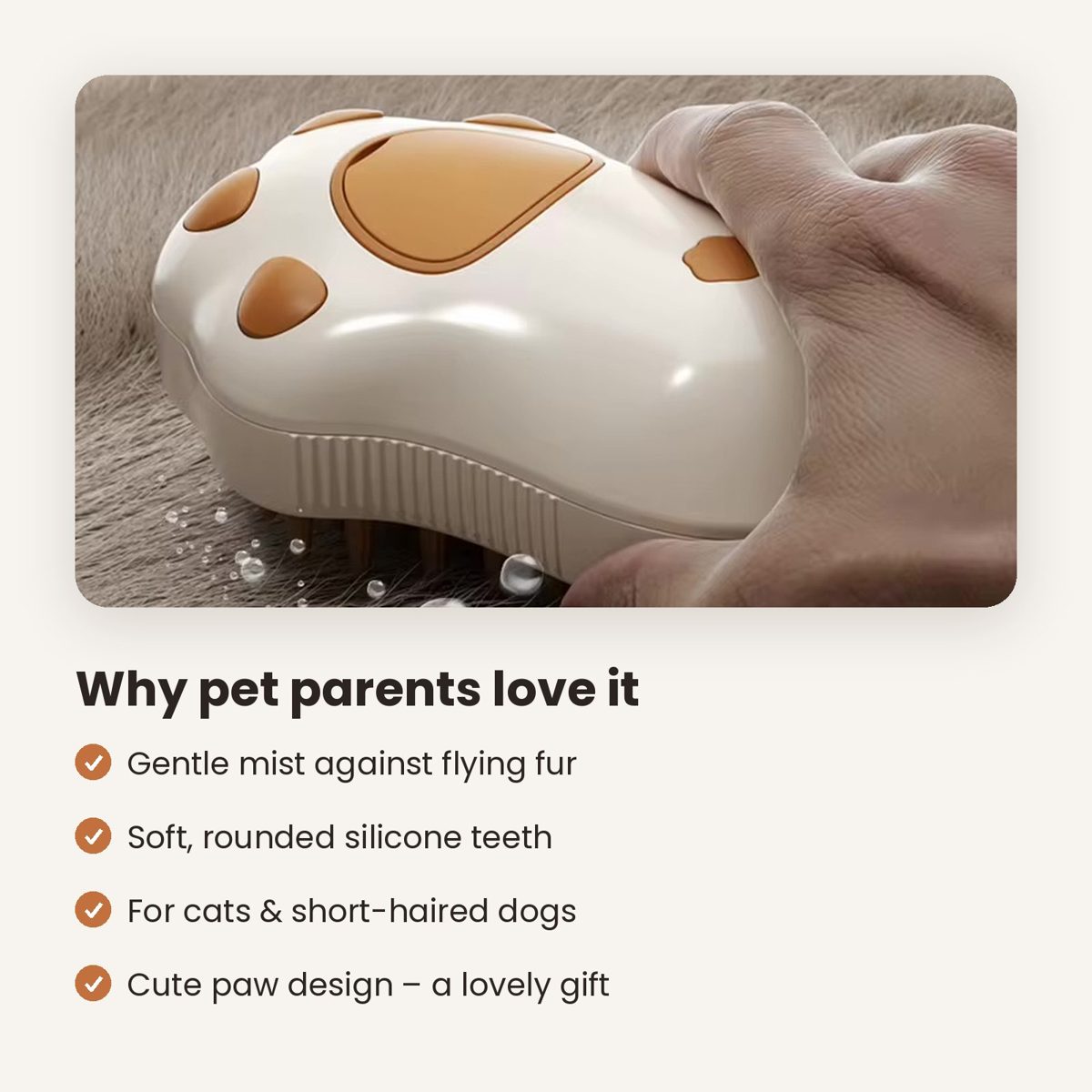 Grooming a cat with the Steam Paw Brush: gentle mist, soft silicone teeth, for cats and short-haired dogs